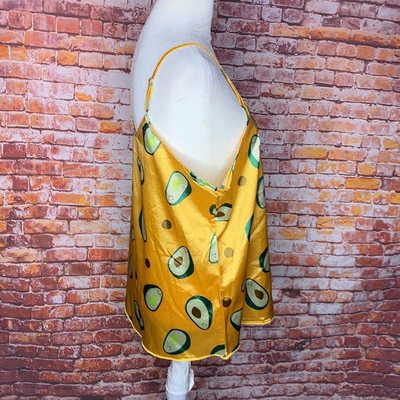 Two Piece Yellow Satin Avocado Print Shortie Pajama Set - Picture 5 of 11